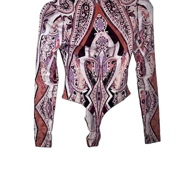 FREE PEOPLE Pick Place Bodysuit Ivory/burgundy, and multi coloring. - Picture 9 of 14